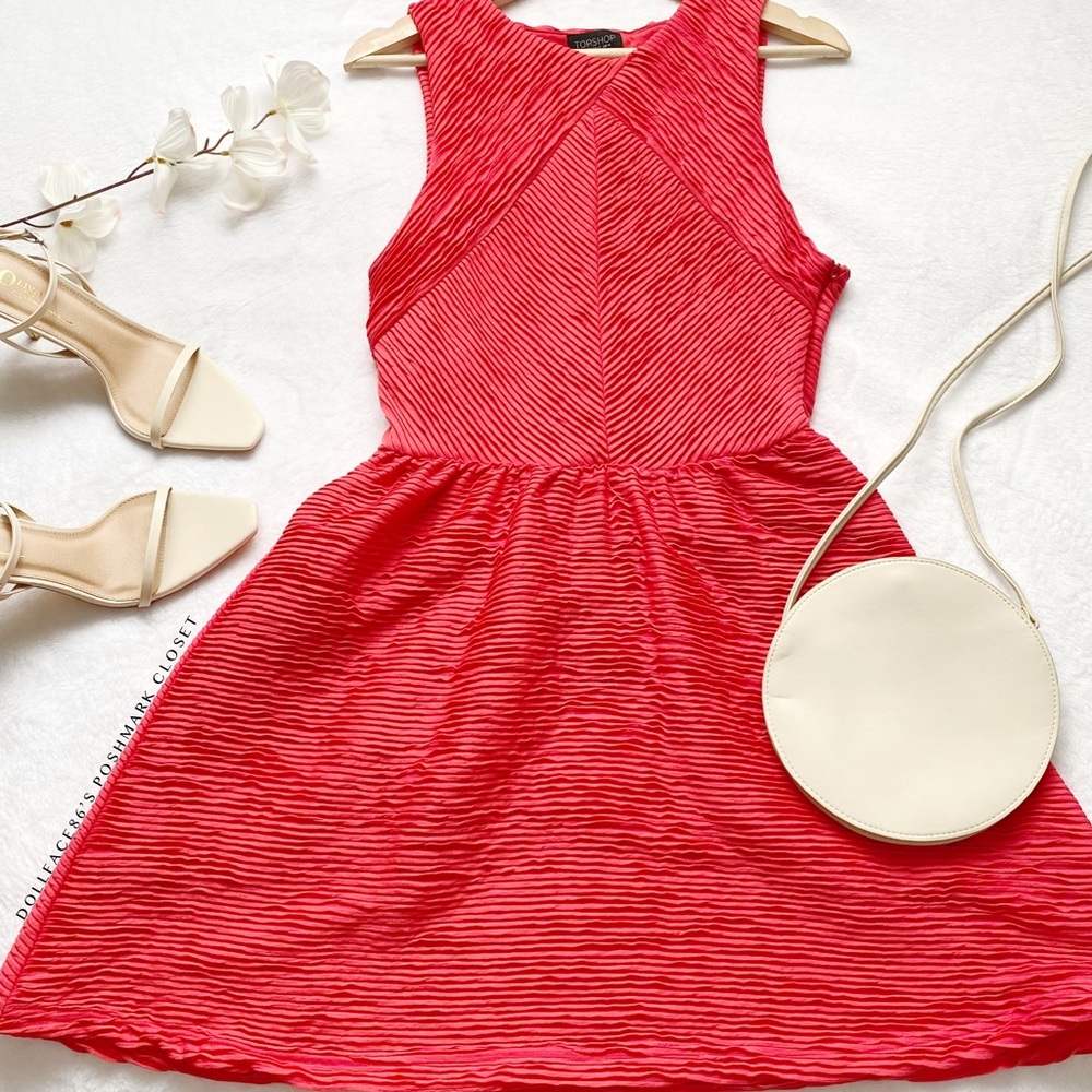 Topshop Coral Micro Pleated Fit & Flare Dress